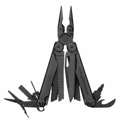 Full-size multi-tool with fold-out pliers, featuring 21 tools and 21 functions including pliers, bottle opener, can opener, and awl with thread loop. Stainless steel construction with black finish. Measures 4 1/2 inches closed. Suitable for cutting, gripping, and repair tasks in maintenance and field service.