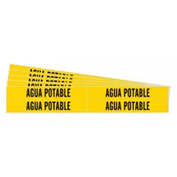 Yellow adhesive pipe marker with black legend reading 'Agua Potable' for identifying potable water lines. Fits pipe outer diameters from 3/4 to 2-3/8 inches. Pack of 5 markers (4 per pack), without arrows. Suitable for industrial piping systems requiring clear labeling of water content