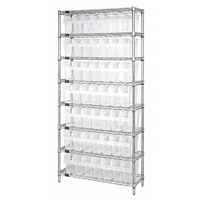 QUANTUM STORAGE SYSTEMS Rak Tempat Sampah: 18 in x 36 in x 74 in, 1 Sisi, 56 Tempat Sampah, Terbuka - Wire Stationary Bin Shelving with Open-Front Bins