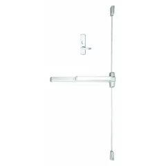 This surface-mounted vertical rod push bar is constructed of aluminum and features a touchbar and lever trim. Designed for doors up to 4 ft wide, it provides egress operation in commercial settings. Suitable for right-hand reverse door swing.