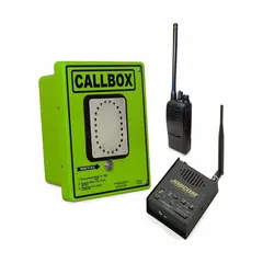 Wireless call box for two-way radio communication, operating on the VHF MURS band without requiring a license. Includes a handheld radio. Silver finish. Suitable for access control and intercom applications where license-free radio communication is needed.