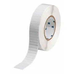 Precut label roll for industrial identification and barcode labeling. Polyimide material with white gloss finish. Dimensions: 1 29/64 in x 1/4 in. Compatible with i5100 printer series. Suitable for high-temperature environments such as electronics and circuit boards.