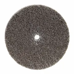 This NORTON Bear-Tex Rapid Blend NEX deburring wheel is 3 inches in diameter and 1/2 inch wide with a 1/4 inch arbor hole. It features a medium, hard aluminum oxide abrasive for deburring, blending, and finishing carbon steel and soft metals.