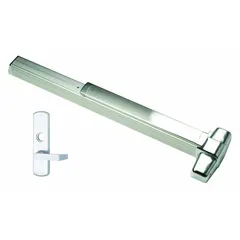 Concealed vertical rod exit device with touchbar style, chrome finish, and lever outside trim. Designed for commercial doors up to 4 ft wide, it provides code-compliant egress by retracting top and bottom latches upon push. ADA compliant.