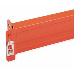 This STEEL KING step beam is designed for use in teardrop-style pallet rack systems. It measures 96 inches in length with a 3 x 4 inch profile, roll-formed from steel with an orange finish. The beam supports up to 5,080 lb per pair, providing impact resistance for heavy-duty storage of palletized goods in warehouses and distribution centers.