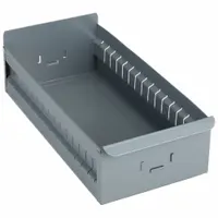 This metal drawer bin measures 8 1/4 in x 4 1/2 in with an overall length of 17 in. It is gray and not stacking capable. Dividers are included for organizing small parts, tools, and components in industrial workstations, warehouses, and maintenance shops