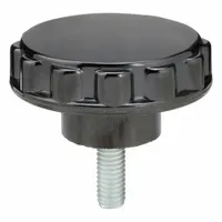 Fluted knob with a threaded stud for manual adjustment and clamping on industrial machinery, control panels, and equipment. Made of thermoset material with a 2.5 in diameter, 3/8"-16 thread, and 40 mm thread length