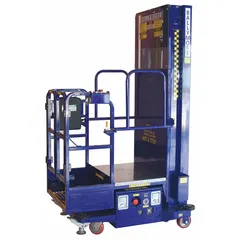 Battery-powered push-around vertical lift with a 14.7 ft elevated platform height and a 17 in x 29 in platform. Includes a platform extension. Designed for indoor elevated access tasks such as overhead maintenance, lighting, and storage retrieval.