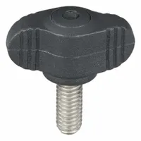 Wing knob with threaded stud for manual clamping, adjustment, and positioning on machinery and fixtures. Plastic body with stainless steel M6 thread provides corrosion resistance and secure grip. Suitable for industrial workholding, jigs, and assembly applications