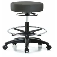 This vinyl lab stool features a fiberglass base with five glides and a foot support. Seat width and depth are 17 inches, with a height range of 20 1/2 to 28 inches. Suitable for laboratory and cleanroom settings where static control is required