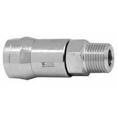This nickel-plated C38500 brass rotary union is a single-passage rotating joint for transferring compressed air from a stationary supply line into rotating machinery. It features a 3/8 in stationary port and is rated for a maximum speed of 30 RPM. Typical applications include packaging, printing, and material handling equipment requiring a reliable air connection at low rotational speeds.