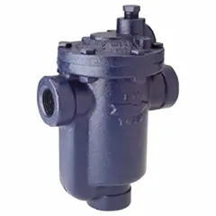 Cast-iron, in-line inverted-bucket steam trap with 1 in FNPT connections. Rated for 4000 lb/hr condensate capacity at maximum 30 psi and 450°F. Designed for horizontal installation to automatically drain condensate from steam lines while preventing steam loss. Strainer not included.