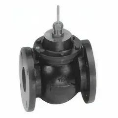 This 2-way flanged globe valve features a cast iron body and stainless steel stem. It has a CV flow rating of 150, 4-inch flanged connections, and a stem-down-to-close action. The valve is normally open (NO) and is used for regulating water flow in hydronic HVAC systems.