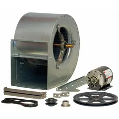 Belt-drive blower with integrated drive pack and 1 hp open motor. Operates on 208-230/460V AC. Used for ventilation, exhaust, and air movement in HVAC systems and industrial facilities.
