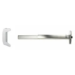 Rim-type exit device with touchbar style for doors up to 3 ft wide. Chrome finish with dummy pull outside trim. ADA compliant. Suitable for commercial egress applications requiring interior push-pad operation without exterior hardware function.