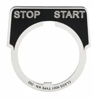 Half-round legend plate for 30 mm push-button stations. Aluminum with silver finish and black notch. English legend reads 'Start-Stop'. Overall height 1 3/4 in, width 1 5/8 in. Used to identify push-button functions in control panels