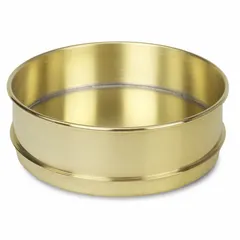 Brass testing pan with 8-inch overall diameter, designed for use as a collection pan beneath sieve stacks in particle size analysis and material testing. Captures fine particles passing through the smallest sieve mesh during gradation testing. Compatible with standard 8-inch test sieves.