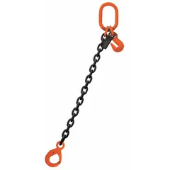 This adjustable-length single-leg chain sling is constructed from alloy steel and rated Grade 100. It features a latching hook for secure attachment. Suitable for overhead lifting and rigging tasks in industrial environments.