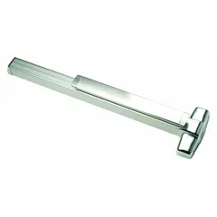 This concealed vertical rod exit device features a touchbar style and is constructed of aluminum with a US28 satin aluminum finish. It is ADA compliant and designed for use on commercial doors up to 4 ft wide, providing reliable push-bar operation for egress applications.