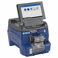 Desktop wraparound label printer and applicator with 300 dpi printhead resolution, auto operation, and capacity of 1,000 max labels per day. Includes Brady Workstation Product and Wire ID Software Suite, printer applicator, and (2) A62-R4300 150 ft printer ribbons. Used for industrial wire, cable, and product identification in panel building, electrical contracting, and maintenance applications.