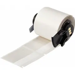 White matte vinyl wraparound label measuring 1-1/2 x 2 inches, designed for wire gauges 10 AWG to 4 AWG. Compatible with M610 printer series and requires M7-R4300 ribbon. Used for permanent identification of wires, cables, and conduits in electrical panels and industrial settings.