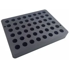 This dry evaporator and concentrator block holds 48 vials of 16 mm diameter for sample concentration. Overall dimensions: 2 in height, 7 1/8 in length, 5 3/8 in width. Compatible with GLAS-COL evaporators.