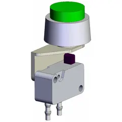 Shuttle valve with extended button actuator and bottom-ported body. Features 3 ports and 4 mm push-on connections. Used in pneumatic circuits to select the higher of two input pressures, suitable for panel-mount or manual override applications.