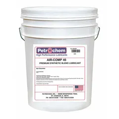 PETROCHEM Air-Comp Series compressor oil is formulated for rotary screw and reciprocating air compressors. It lubricates internal components, reduces wear, and helps dissipate heat. This oil has an SAE grade of 15, ISO viscosity grade of 46, and a viscosity index of 97. Supplied in a 5-gallon pail.