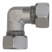 This steel compression elbow features a flareless bite-type design for leak-resistant connections in fluid systems. It accommodates 18 mm OD tubing with M26X1.5 threads on both ends. Suitable for hydraulic, pneumatic, and lubrication applications requiring secure sealing under pressure