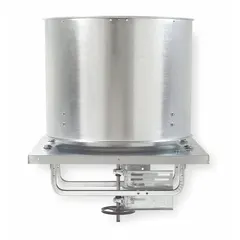 Belt-drive axial upblast roof exhaust fan with a 54-inch blade delivering 33,788 cfm. Features a single-speed, TEFC 2 hp motor operating at 115/230V AC. Designed for industrial exhaust applications such as removing heat, fumes, and airborne contaminants from manufacturing facilities, warehouses, and commercial buildings.