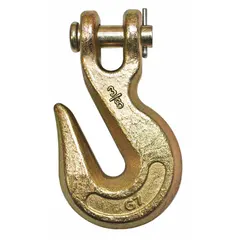 This steel narrow-opening grab hook features a clevis attachment and yellow finish. Rated for a 6,600 lb working load limit and Grade 70, it is used to connect chain ends to loads or anchor points in rigging and lifting applications.