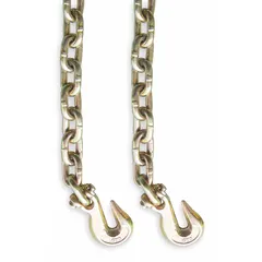 This alloy steel welded tie-down chain features straight links and includes a grab hook. It is suitable for securing cargo during transport within a temperature range of -40°F to 400°F. Not for lifting applications.