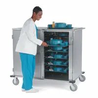 This LAKESIDE meal delivery cart is constructed of stainless steel with a silver finish and features two doors for non-pass-through access. It accommodates 32 trays and is equipped with two swivel casters for maneuverability. NSF certified for sanitation, it is suitable for transporting meals in foodservice environments such as hospitals, schools, and commercial kitchens