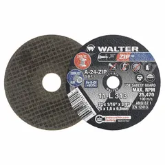 This Type 1 cut-off wheel is designed for general purpose cutting of carbon and stainless steel. It measures 3" x 1/16" x 3/8" and is made of aluminum oxide with 24 grit. Part of the ZIP series, it is suited for use in metal fabrication, maintenance, and repair applications where a compact wheel is needed.