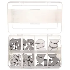This 72-piece assortment includes inch-sized Woodruff keys made of ungraded steel. Width tolerance is +0.001/-0.000 in. Used for securing gears, pulleys, and couplings to shafts in industrial machinery.