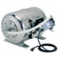 This SHURFLO booster pump system is designed to increase water pressure in beverage dispensing applications. It features a 1/3 hp motor, 115V AC power supply, and 1/2 in barbed connections for integration into plumbing.