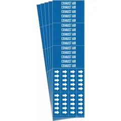 Blue adhesive pipe marker with white legend reading 'Exhaust Air' for pipes with outside diameter of 3/4 inch and smaller. Each pack contains 5 markers, including 3 with directional arrows. Used to identify exhaust air lines in industrial piping systems.