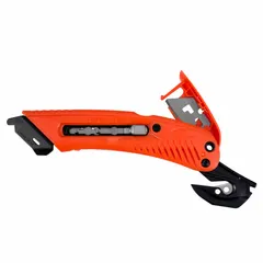 This retracting utility knife features a steel blunt tip and plain edge, housed in a red plastic body with a blade guide. The 6-inch overall length and quick-change blade mechanism support cutting tasks such as opening cardboard boxes, cutting shrink wrap, and trimming packaging materials in warehouse and distribution settings.