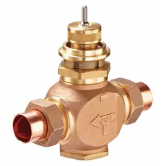 Bronze body globe valve with brass seat, 4.6 CV flow capacity, and 1/2 in female/male union NPT connections. Normally closed (NC) with stem-up-to-close action. Used for regulating water flow in hydronic heating and cooling systems.