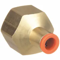 Brass push-to-connect adapter fitting with 3/8" FNPT thread. Connects 3/8" OD tubing to 3/8" pipe ports. Suitable for pneumatic and fluid systems requiring quick, secure connections