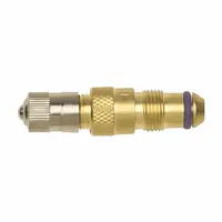This clamp-in tire valve stem features an L-shaped brass body with a 180° valve stem angle and 0.305-32 thread size. Designed for flow air-liquid valves, it is used for inflation and pressure monitoring on industrial tires and equipment