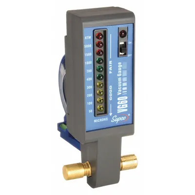 Supco Pengukur Vakum: LED, 50 mikron Hg hingga 5.000 mikron Hg, 1/4 in Male SAE Flare Kanan - Digital Vacuum Gauges