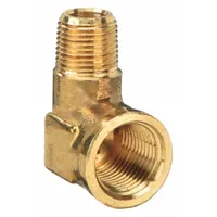 This 90° threaded pipe elbow is made from CA2745 brass and has a maximum operating pressure of 1,000 psi. It connects pipes in potable water systems, allowing directional change in high-pressure plumbing lines. The fitting measures 1 in length with 1/4 in x 1/8 in thread sizes