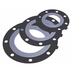 This EPDM full-face gasket with an inner ring is designed for 2-inch pipe flanges. It measures 5/64 in thick with a 2 3/8 in inside diameter and is black. Suitable for creating a seal in flanged pipe joints in industrial piping systems.