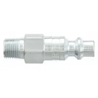 Steel quick-connect plug for compressed air systems. Features 1/8" -27 male thread and 1/8" hose fitting. Used with industrial interchange couplings for pneumatic tools and hoses