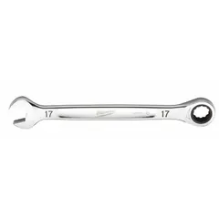 This 17 mm metric combination wrench features a 12-point ratcheting box end for faster fastener turnover without repositioning. Made of chrome vanadium steel with a chrome finish, it is suited for tightening and loosening fasteners in mechanical assembly, automotive repair, and industrial maintenance.