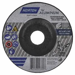 This NORTON depressed center wheel is a general purpose combination wheel for soft metals, featuring a 20-grit aluminum oxide construction. The Type 27 design allows for grinding and blending on aluminum and other non-ferrous materials. Dimensions are 4-1/2 inches diameter, 1/8 inch thickness, with a 7/8 inch arbor hole.