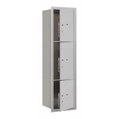 Horizontal multi-unit mailbox with three lockable doors, designed for recessed mounting. Measures 57 1/8 inches high by 17 inches wide by 16 1/2 inches deep. Suitable for organized mail distribution in commercial or multi-tenant buildings.