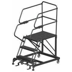 This rolling single-access platform provides a fixed-height elevated work surface for tasks requiring access at 2.5 ft. The steel platform measures 24 in x 36 in and supports up to 800 lb. Handrails are included, and the foot-activated step lock secures the platform in position. The unit is not foldable.