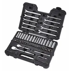 This 65-piece socket set includes 1/4 in and 3/8 in drive tools, combination wrenches, and wrenches covering metric sizes from 4 mm to 19 mm. Used for tightening and loosening fasteners in automotive repair, machinery maintenance, and general industrial assembly. Socket bits are not included.